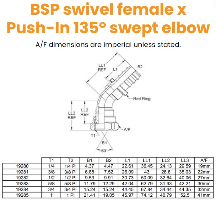 1/4 BSP Female x 1/4 Hose Push In 135° Swept